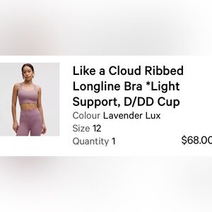 lululemon Like a Cloud Longline Sports Bra size 12 D/DD Cup